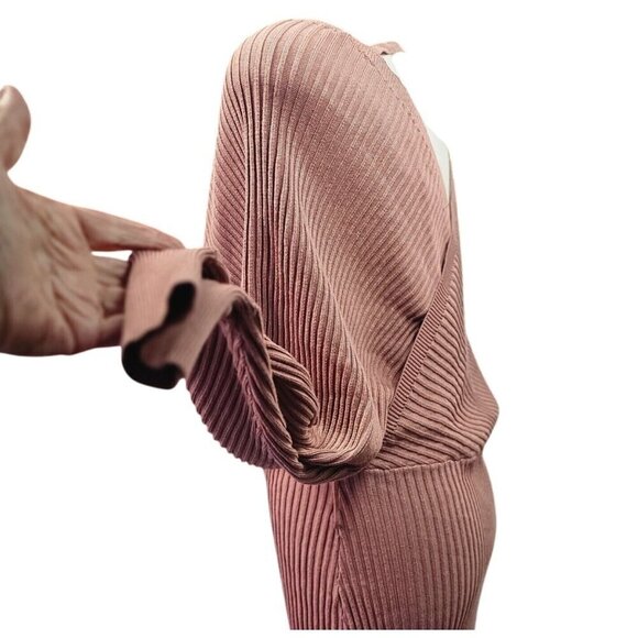 Love Tree Blush Pink Sweater Dress Sz L Blouson Waist Off Shoulder Surplice Neck - Picture 4 of 10